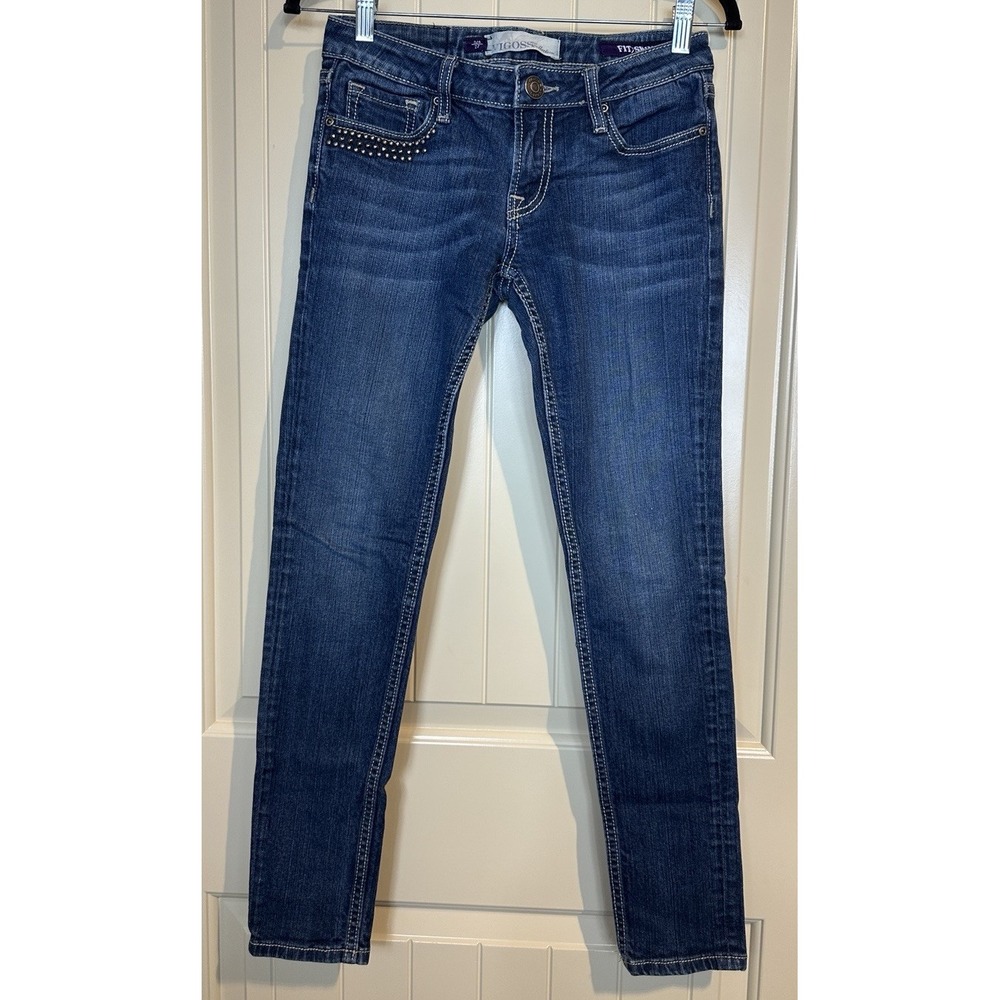 Vigoss Fit Skinny blue studded embroidered pockets jeans‎ stretch sz 3/4 27